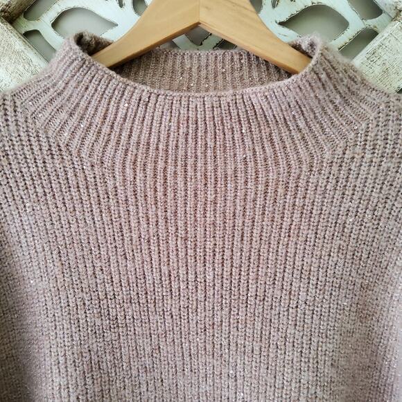 Calvin Klein Women's Sequin Metallic Long Sleeve Mock Neck Sweater in Beige - Picture 3 of 7
